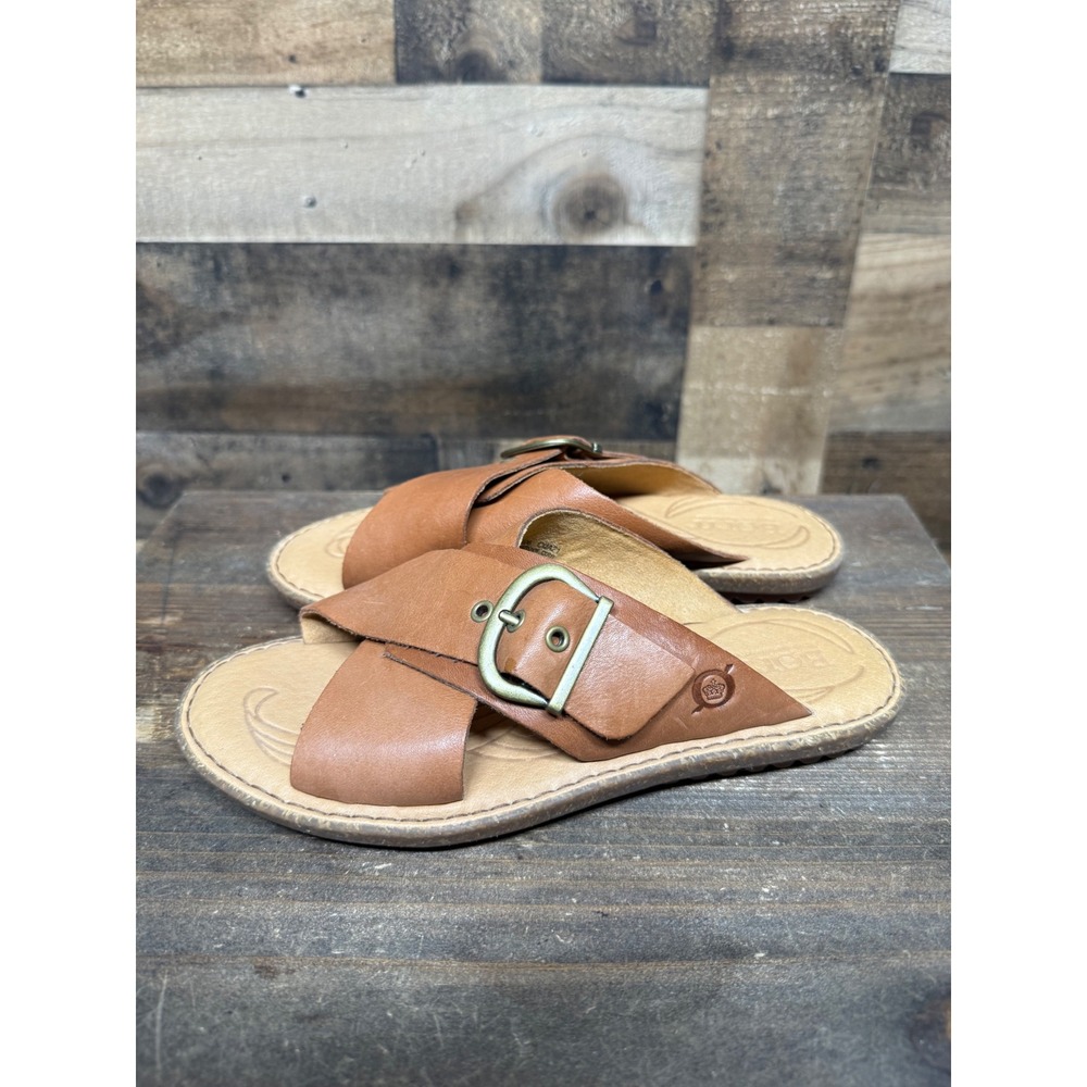 Born Womens Leather Slide Sandals Tan Brown Buckle Crossover BR0019606 Size 6M